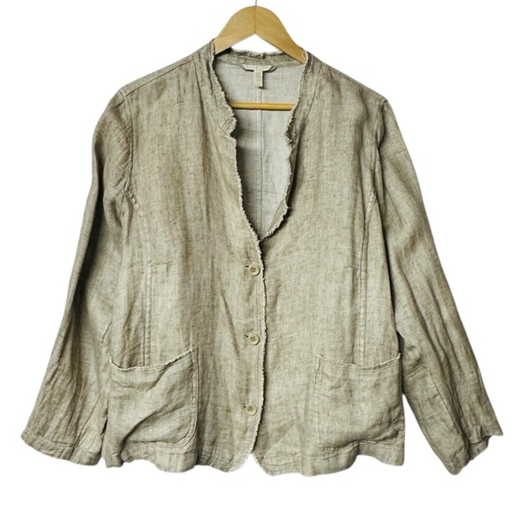 Eileen Fisher Frayed Edge 100% Organic Linen Jacket Stand Collar Natural Tan - Picture 10 of 11